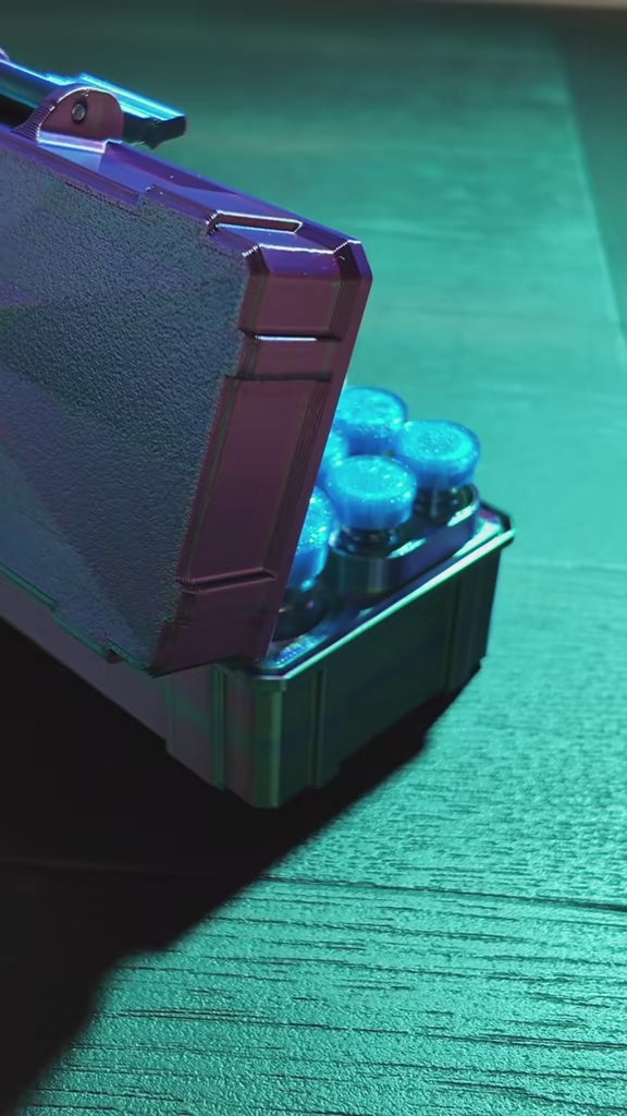 Video demonstration showing the interior layout of the Mixed Vial Case with slots for 3 mL and 10 mL vials.