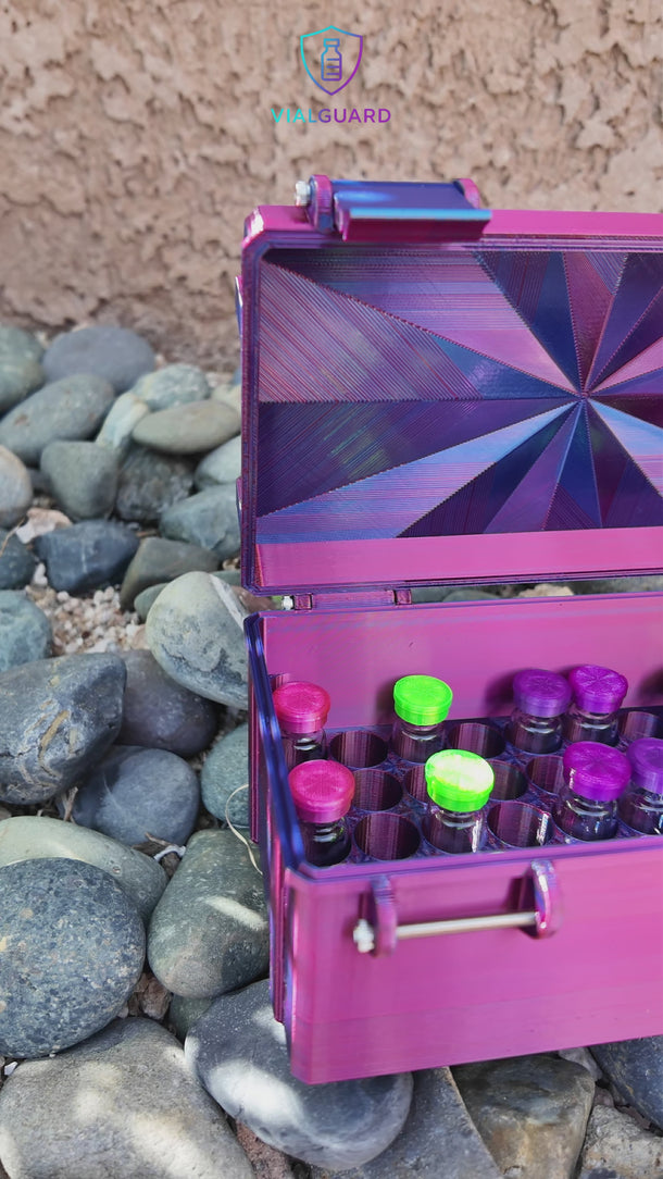Video showing the vial storage case opening to display interior compartments.
